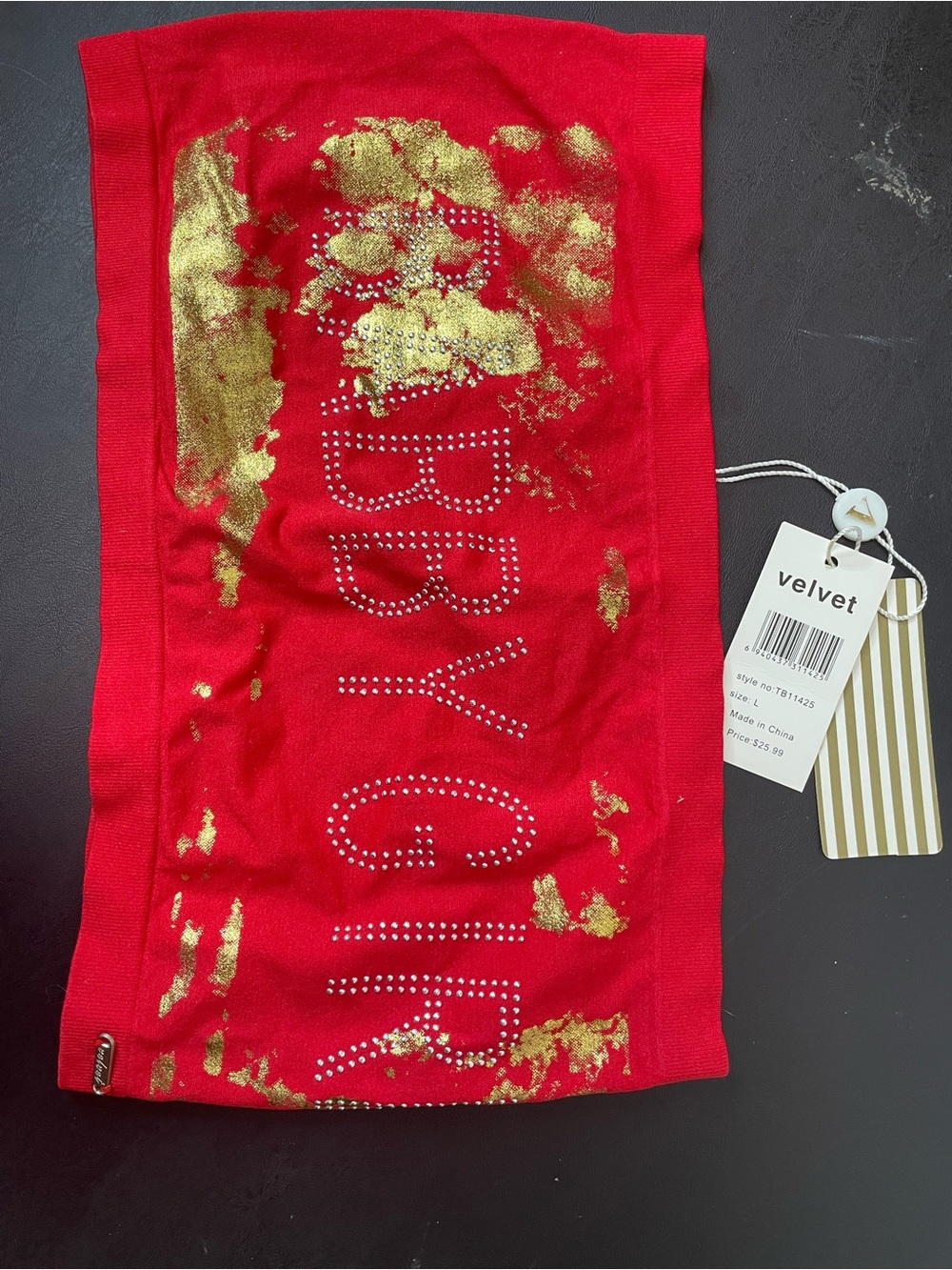 Velvet Bright Red Ribbed Fabric Top with Gold Stripe Tag